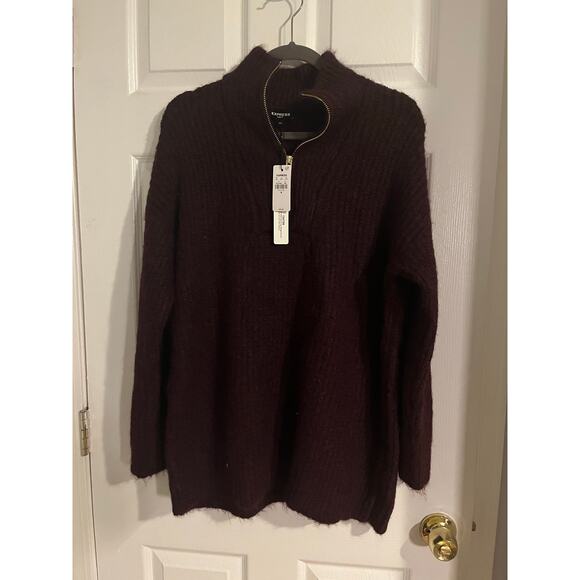 NWT Express Fuzzy Knit Quarter Zip Tunic Pullover Burgundy Sweater - Picture 3 of 4